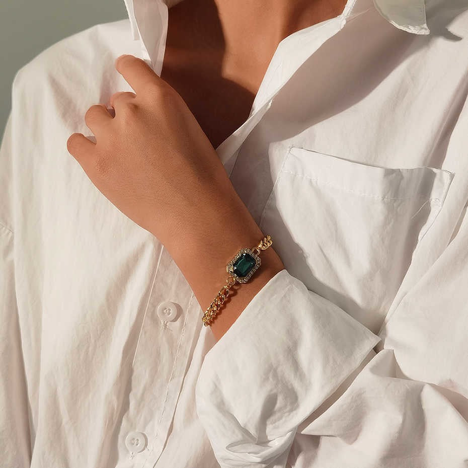 Pulseira Esmeralda e Cristais de Zircônia - Banhada a Ouro 18 K