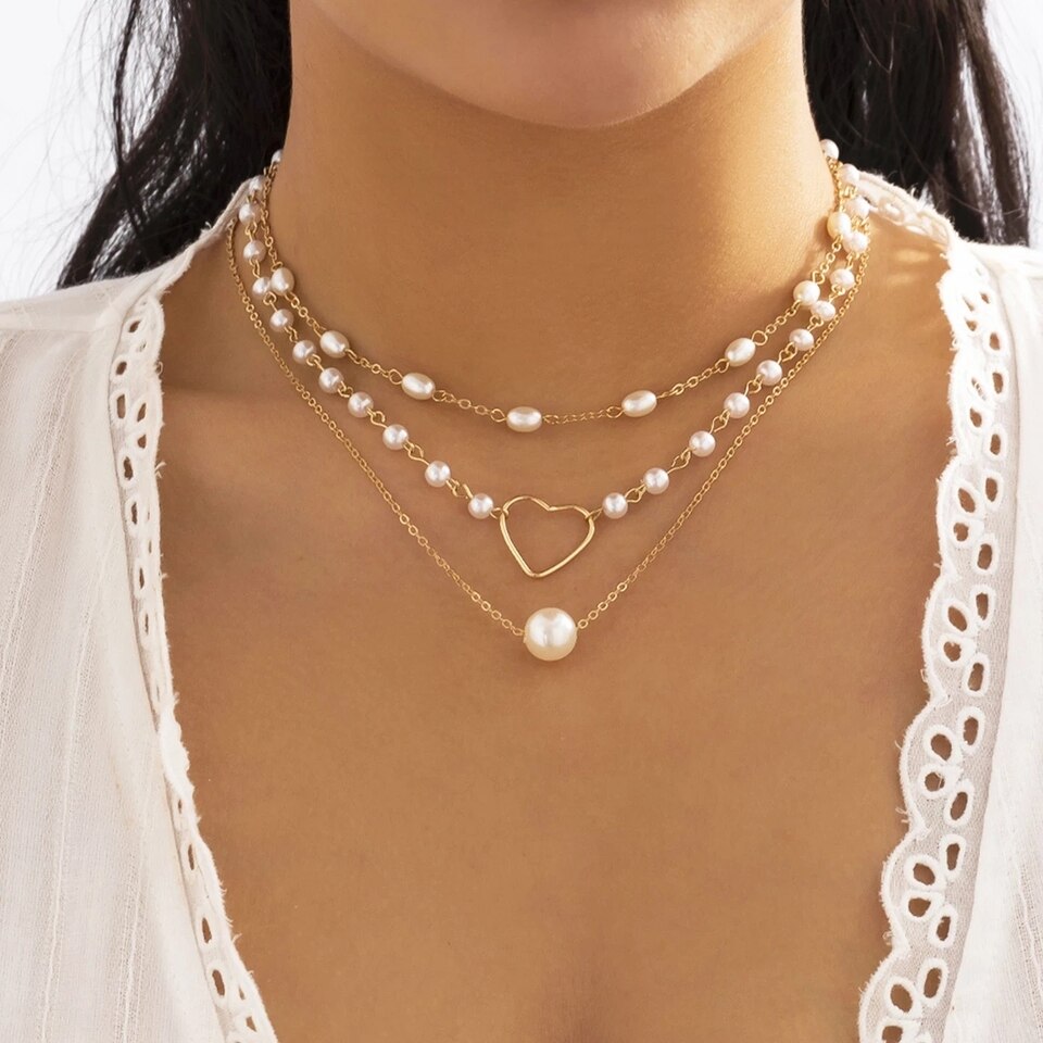 Conjunto 3 Colares Coração Pérola e Ouro 18k