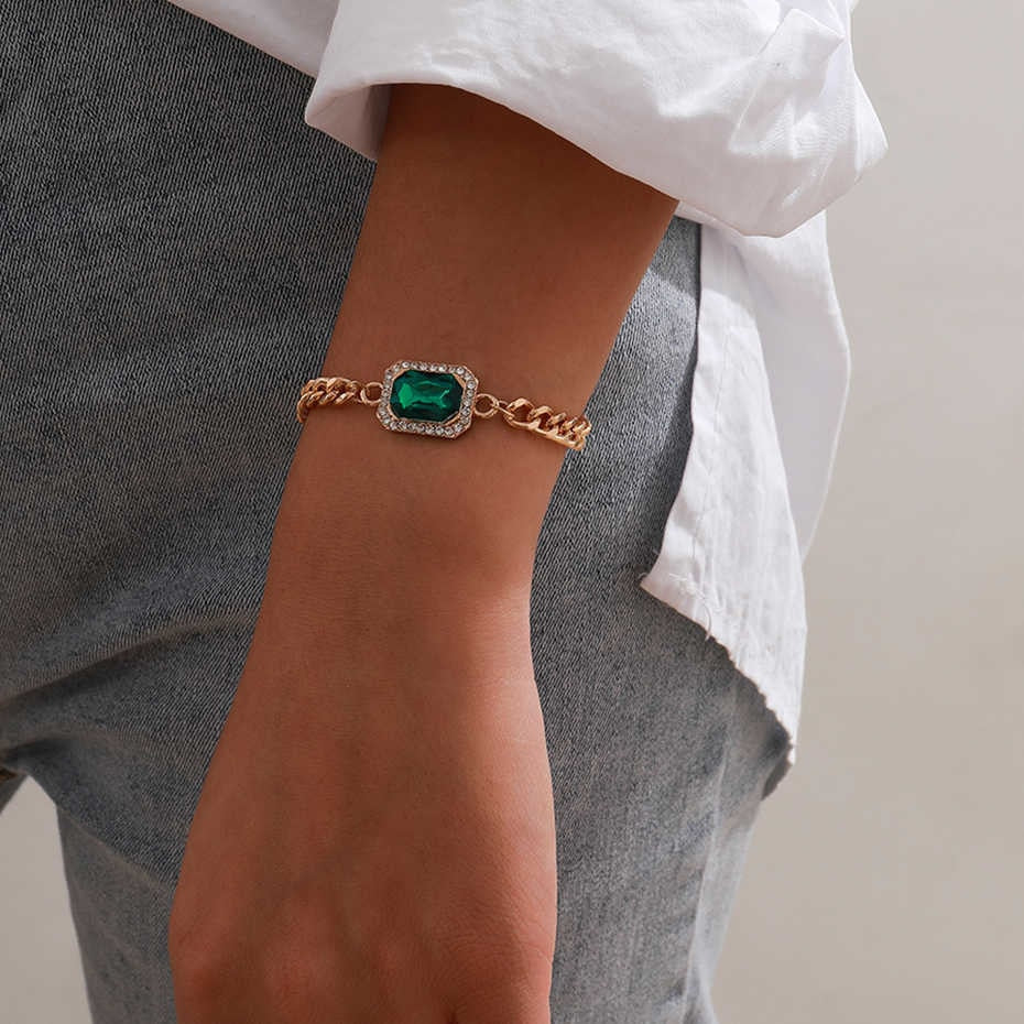 Pulseira Esmeralda e Cristais de Zircônia - Banhada a Ouro 18 K
