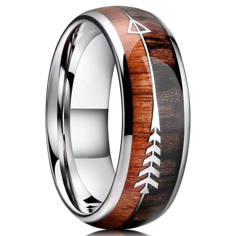 Anel Masculino Estiloso de Madeira e Tungstênio Flecha